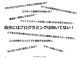 4 November 14, 2015
自分にはプログラミングは向いてない！
どうやって勉強すれば良いの？
こんな状態でエンジニアに相談するのは怖い。
 