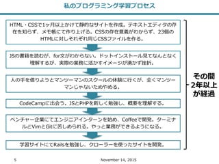 5 November 14, 2015
私のプログラミング学習プロセス
HTML・CSSで1ヶ月以上かけて静的なサイトを作成。テキストエディタの存
在を知らず、メモ帳にて作り上げる。CSSの存在意義がわからず、23個の
HTMLに対しそれぞれ同じCSSファイルを作る。
JSの書籍を読むが、for文がわからない。ドットインストール見てなんとなく
理解するが、実際の業務に活かすイメージが湧かず挫折。
人の手を借りようとマンツーマンのスクールの体験に行くが、全くマンツー
マンじゃないためやめる。
CodeCampに出会う。JSとPHPを新しく勉強し、概要を理解する。
ベンチャー企業にてエンジニアインターンを始め、Coffeeで開発。ターミナ
ルとVimとGitに苦しめられる。やっと業務ができるようになる。
学習サイトにてRailsを勉強し、クローラーを使ったサイトを開発。
その間
2年以上
が経過
 