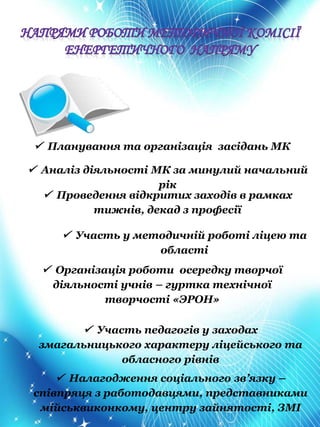  Планування та організація засідань МК
 Аналіз діяльності МК за минулий начальний
рік
 Проведення відкритих заходів в рамках
тижнів, декад з професії
 Участь у методичній роботі ліцею та
області
 Організація роботи осередку творчої
діяльності учнів – гуртка технічної
творчості «ЭРОН»
 Участь педагогів у заходах
змагальницького характеру ліцейського та
обласного рівнів
 Налагодження соціального зв’язку –
співпряця з работодавцями, представниками
мійськвиконкому, центру зайнятості, ЗМІ
 