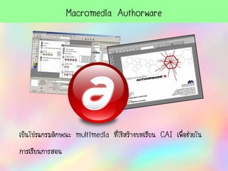 Macromedia Authorware
เป็นโปรแกรมลักษณะ multimedia ที่ใช้สร้างบทเรียน CAI เพื่อช่วยใน
การเรียนการสอน
 
