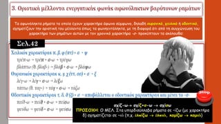 Τα αφωνόληκτα ρήματα τα οποία έχουν χαρακτήρα άφωνο σύμφωνο, δηλαδή ουρανικό, χειλικό ή οδοντικό,
σχηματίζουν την οριστική του μέλλοντα όπως τα φωνηεντόληκτα, με τη διαφορά ότι από τη συγχώνευση του
χαρακτήρα των ρημάτων αυτών με τον χρονικό χαρακτήρα -σ- προκύπτουν τα ακόλουθα:
Σελ.42
σχίζ-ω σχίζ+σ-ω  σχίσω
ΠΡΟΣΟΧΗ: Ο ΜΕΛ. Στα υπερδισύλλαβα ρήματα σε –ίζω (με χαρακτήρα
δ) σχηματίζεται σε –ιῶ (π.χ. ἐλπίζω  ἐλπιῶ, κομίζω  κομιῶ)
 