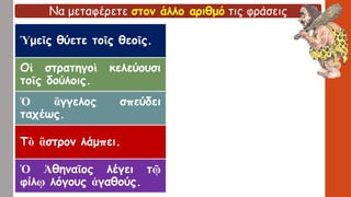 Να μεταφέρετε στον άλλο αριθμό τις φράσεις
Ὑμεῖς θύετε τοῖς θεοῖς.
Οἱ στρατηγοὶ κελεύουσι
τοῖς δούλοις.
Ὁ ἂγγελος σπεύδει
ταχέως.
Τὸ ἂστρον λάμπει.
Ὁ Ἀθηναῖος λέγει τῷ
φίλῳ λόγους ἀγαθούς.
 