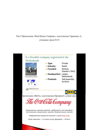 Рис.5 Презентація «Walt Disney Company», підготовлена Тараненко А.,
ученицею групи П-33
Рис.6 Презентація «IKEA», підготовлена Орловим Є.,учнем групи П-33
-
-
-
-
8
 