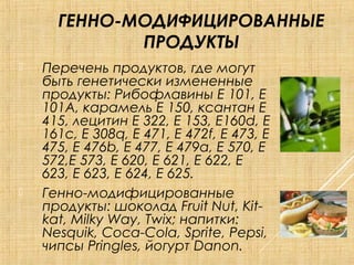 ГЕННО-МОДИФИЦИРОВАННЫЕ
ПРОДУКТЫ
 Перечень продуктов, где могут
быть генетически измененные
продукты: Рибофлавины Е 101, Е
101А, карамель Е 150, ксантан Е
415, лецитин Е 322, Е 153, Е160d, Е
161с, Е 308q, Е 471, Е 472f, Е 473, Е
475, Е 476b, Е 477, Е 479а, Е 570, Е
572,Е 573, Е 620, Е 621, Е 622, Е
623, Е 623, Е 624, Е 625.
 Генно-модифицированные
продукты: шоколад Fruit Nut, Kit-
kat, Milky Way, Twix; напитки:
Nesquik, Coca-Cola, Sprite, Pepsi,
чипсы Pringles, йогурт Danon.
 