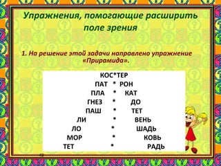 49
Упражнения, помогающие расширить
поле зрения
1. На решение этой задачи направлено упражнение
«Прирамида».
КОС*ТЕР
ПАТ * РОН
ПЛА * КАТ
ГНЕЗ * ДО
ПАШ * ТЕТ
ЛИ * ВЕНЬ
ЛО * ШАДЬ
МОР * КОВЬ
ТЕТ * РАДЬ
 