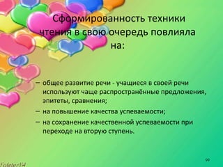 99
Сформированность техники
чтения в свою очередь повлияла
на:
– общее развитие речи - учащиеся в своей речи
используют чаще распространённые предложения,
эпитеты, сравнения;
– на повышение качества успеваемости;
– на сохранение качественной успеваемости при
переходе на вторую ступень.
 