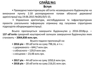 • Проведено інвентаризацію об’єктів незавершеного будівництва на
виконання пункту 2.10 розпорядження голови обласної державної
адміністрації від 19.06.2015 №281/0/5-15.
• Управління архітектури, містобудування та інфраструктурних
проектів узагальнило інформацію отриману від галузевих структурних
підрозділів облдержадміністрації.
Всього пропонується завершити будівництво у 2016-2018р.р. –
137 об’єктів сумарний кошторисний залишок завершення будівництва яких
становить – 2064,838 млн.грн.
Всього подано пропозицій на:
• 2016 рік – 99 об’єктів на суму 798,16, в т.ч.:
- з державного – 644,7 млн.грн.
- з обласного – 129,9 млн.грн.
- з місцевих – 23,48 млн.грн.
• 2017 рік – 44 об’єкти на суму 1050,6 млн.грн.
• 2018 рік – 20 об’єктів на суму 216,01 млн.грн.
СЛАЙД №1
Вступ
 