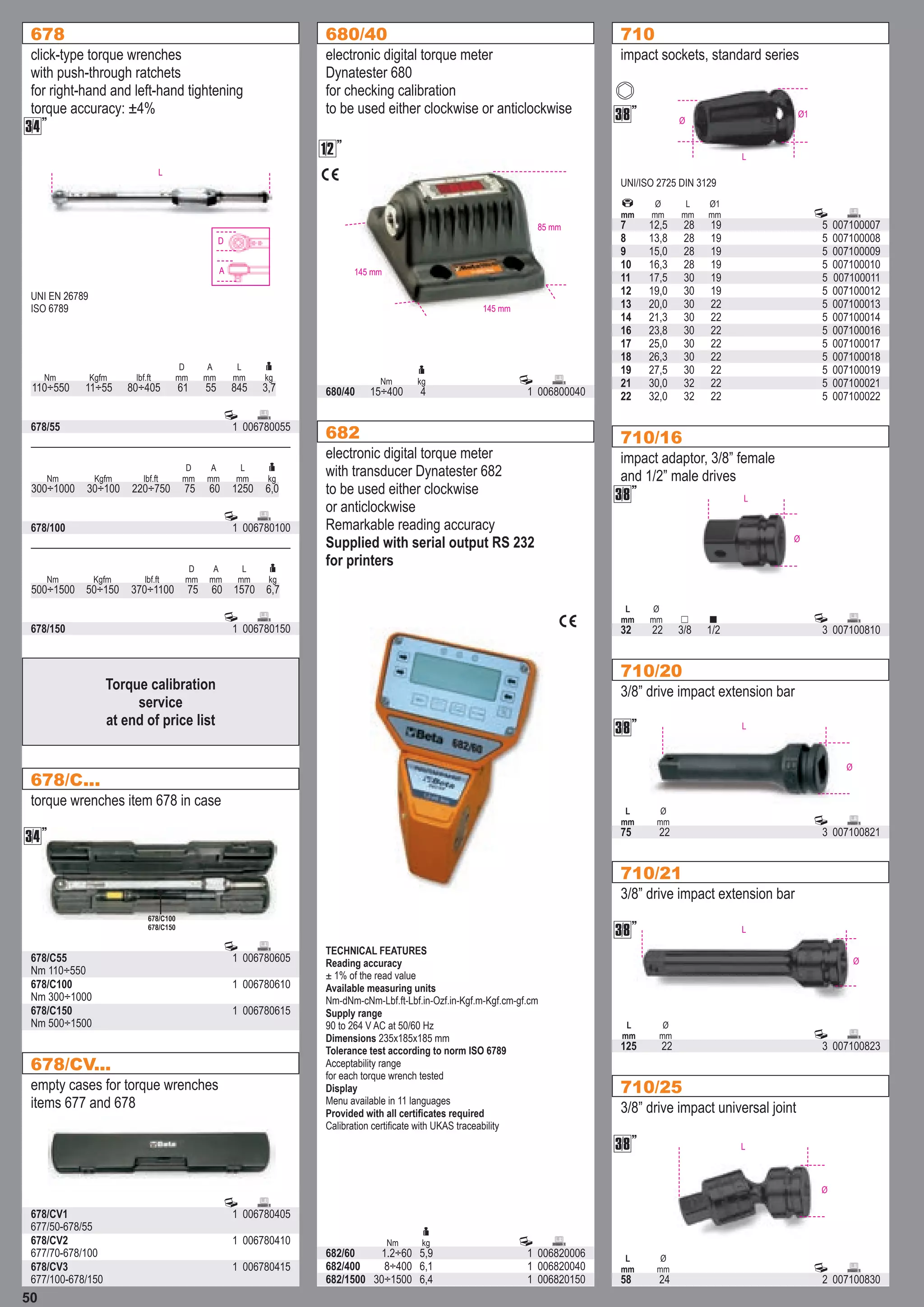 50
678
click-type torque wrenches
with push-through ratchets
for right-hand and left-hand tightening
torque accuracy: ±4%
Nm Kgfm lbf.ft
D
mm
A
mm
L
mm

kg
110÷550 11÷55 80÷405 61 55 845 3,7
 
678/55 1 006780055
UNI EN 26789
ISO 6789
L
D
A

 
678/100 1 006780100
Nm Kgfm lbf.ft
D
mm
A
mm
L
mm

kg
300÷1000 30÷100 220÷750 75 60 1250 6,0
 
678/150 1 006780150
Nm Kgfm lbf.ft
D
mm
A
mm
L
mm

kg
500÷1500 50÷150 370÷1100 75 60 1570 6,7
678/C...
torque wrenches item 678 in case
 
678/C55 1 006780605
Nm 110÷550
678/C100
678/C150

Nm 300÷1000
678/C100 1 006780610
Nm 500÷1500
678/C150 1 006780615
678/CV...
empty cases for torque wrenches
items 677 and 678
 
678/CV1 1 006780405
677/50-678/55
677/70-678/100
678/CV2 1 006780410
677/100-678/150
678/CV3 1 006780415
680/40
electronic digital torque meter
Dynatester 680
for checking calibration
to be used either clockwise or anticlockwise
Nm

kg  
680/40 15÷400 4 1 006800040
85 mm
145 mm
145 mm

 

682
electronic digital torque meter
with transducer Dynatester 682
to be used either clockwise
or anticlockwise
Remarkable reading accuracy
Supplied with serial output RS 232
for printers
TECHNICAL FEATURES
Reading accuracy
± 1% of the read value
Available measuring units
Nm-dNm-cNm-Lbf.ft-Lbf.in-Ozf.in-Kgf.m-Kgf.cm-gf.cm
Supply range
90 to 264 V AC at 50/60 Hz
Dimensions 235x185x185 mm
Tolerance test according to norm ISO 6789
Acceptability range
for each torque wrench tested
Display
Menu available in 11 languages
Provided with all certificates required
Calibration certificate with UKAS traceability
Nm

kg  
682/60 1.2÷60 5,9 1 006820006
682/400 8÷400 6,1 1 006820040
682/1500 30÷1500 6,4 1 006820150


mm
Ø
mm
L
mm
Ø1
mm  
7 12,5 28 19 5 007100007
8 13,8 28 19 5 007100008
9 15,0 28 19 5 007100009
10 16,3 28 19 5 007100010
11 17,5 30 19 5 007100011
12 19,0 30 19 5 007100012
13 20,0 30 22 5 007100013
14 21,3 30 22 5 007100014
16 23,8 30 22 5 007100016
17 25,0 30 22 5 007100017
18 26,3 30 22 5 007100018
19 27,5 30 22 5 007100019
21 30,0 32 22 5 007100021
22 32,0 32 22 5 007100022
impact sockets, standard series
710
L
Ø
Ø1


UNI/ISO 2725 DIN 3129
L
mm
Ø
mm    
32 22 3/8 1/2 3 007100810
impact adaptor, 3/8” female
and 1/2” male drives
710/16
L
Ø

L
mm
Ø
mm  
75 22 3 007100821
3/8” drive impact extension bar
710/20
L
Ø

L
mm
Ø
mm  
125 22 3 007100823
3/8” drive impact extension bar
710/21
L
Ø

L
mm
Ø
mm  
58 24 2 007100830
3/8” drive impact universal joint
710/25
L
Ø

Torque calibration
service
at end of price list
 