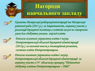 Нагороди
навчального закладу
Диплом головного управління освіти і науки
Дніпропетровської обласної державної адміністрації за
активну участь в ІV обласному ярмарку “Педагогічні
здобутки освітян Дніпропетровщини – 2008”
Диплом головного управління освіти і науки
Дніпропетровської обласної державної адміністрації
(2011р.), за вагомий внесок в інноваційний розвиток
системи освіти Дніпропетровщини
Грамота Межівської райдержадміністрації та Межівської
районної ради (2011 р.), за ініціативність, активну участь у
реалізації державної політики в освітній галузі по створенню
умов для здобуття учнями якісної освіти
 