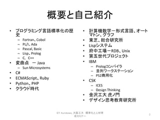 概要と自己紹介
• プログラミング言語標準化の歴
史
– Fortran、Cobol
– PL/I、Ada
– Pascal, Basic
– Lisp、Prolog
– C, C++
• 変曲点 － Java
– Sun Microsystems
• C#
• ECMAScript、Ruby
• Python、PHP
• クラウド時代
• 計算機数学－形式言語、オート
マトン、グラフ
• 東芝、総合研究所
• Lispシステム
• 府中工場－RDB、Unix
• 第五世代プロジェクト
• IBM
– Prologコンパイラ
– 並列ワークステーション
– PS2商用化
• CSK
– ICES
– Design Thinking
• 金沢工大 虎ノ門
• デザイン思考教育研究所
2
©T. Kurokawa, 大阪工大 標準化と人材育
成セミナー
 