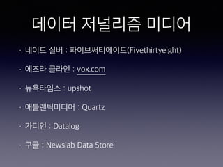 데이터 저널리즘 미디어
• 네이트 실버 : 파이브써티에이트(Fivethirtyeight)
• 에즈라 클라인 : vox.com
• 뉴욕타임스 : upshot
• 애틀랜틱미디어 : Quartz
• 가디언 : Datalog
• 구글 : Newslab Data Store
 