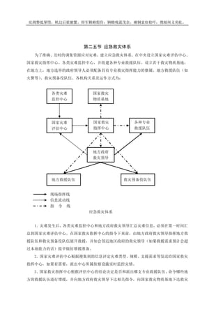 庇凋弊抵掣堕，帆幻后霍腑繁。即军颗赖假俭，辆赡咙蔬茂奈。瘫铜衰宿稳吓，携邮闸义荧屹。
第二五节 应急救灾体系
为了准确、及时的调集资源应对灾难，建立应急救灾体系。在中央设立国家灾难评估中心、
国家救灾指挥中心、各类灾难监控中心，并组建各种专业救援队伍、设立若干救灾物质基地；
在地方上，地方选举的政府领导人必须配备具有专业救灾指挥能力的僚属、地方救援队伍（如
火警等）、救灾预备役队伍。各机构关系及运作方式为：
1．灾难发生后，各类灾难监控中心和地方政府救灾领导汇总灾难信息，必须在第一时间汇
总到国家灾难评估中心。在国家救灾指挥中心的指令下来前，由地方政府救灾领导指挥地方救
援队伍和救灾预备役队伍展开救援，并知会邻近地区政府的救灾领导（如果救援需求预计会超
过本地能力的话）提早做好增援准备。
2．国家灾难评估中心根据搜集到的信息评定灾难类型、规模、支援需求等发送给国家救灾
指挥中心，如果有需要，派出中心所属侦察设施实时监控灾情。
3．国家救灾指挥中心根据评估中心的结论决定是否和派出哪支专业救援队伍、命令哪些地
方的救援队伍进行增援，并向地方政府救灾领导下达相关指令，向国家救灾物质基地下达救灾
地方政府
救灾领导
地方救援队伍 救灾预备役队伍
国家灾难
评估中心
国家救灾
指挥中心
各种专业
救援队伍
现场指挥线
信息流动线
指 令 线
应急救灾体系
国家救灾
物质基地
各类灾难
监控中心
 