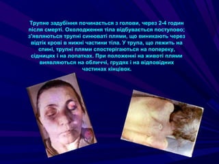 Трупне задубіння починається з голови, через 2-4 годин
після смерті. Охолодження тіла відбувається поступово;
з'являються трупні синюваті плями, що виникають через
відтік крові в нижні частини тіла. У трупа, що лежить на
спині, трупні плями спостерігаються на попереку,
сідницях і на лопатках. При положенні на животі плями
виявляються на обличчі, грудях і на відповідних
частинах кінцівок.
 