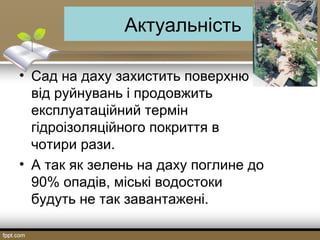 Актуальність
• Сад на даху захистить поверхню
від руйнувань і продовжить
експлуатаційний термін
гідроізоляційного покриття в
чотири рази.
• А так як зелень на даху поглине до
90% опадів, міські водостоки
будуть не так завантажені.
 