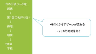日の出頃（4～5時）	
  
　起床	
  
　　↓	
  
　第１回の礼拝（5分）	
  
　　↓	
  
　帰宅	
  
　　↓	
  
　朝食	
  
　　↓	
  
7時頃	
  
　学校	
  
　・モスクからアザーンが流れる	
  
	
　　・メッカの方向を向く	
 