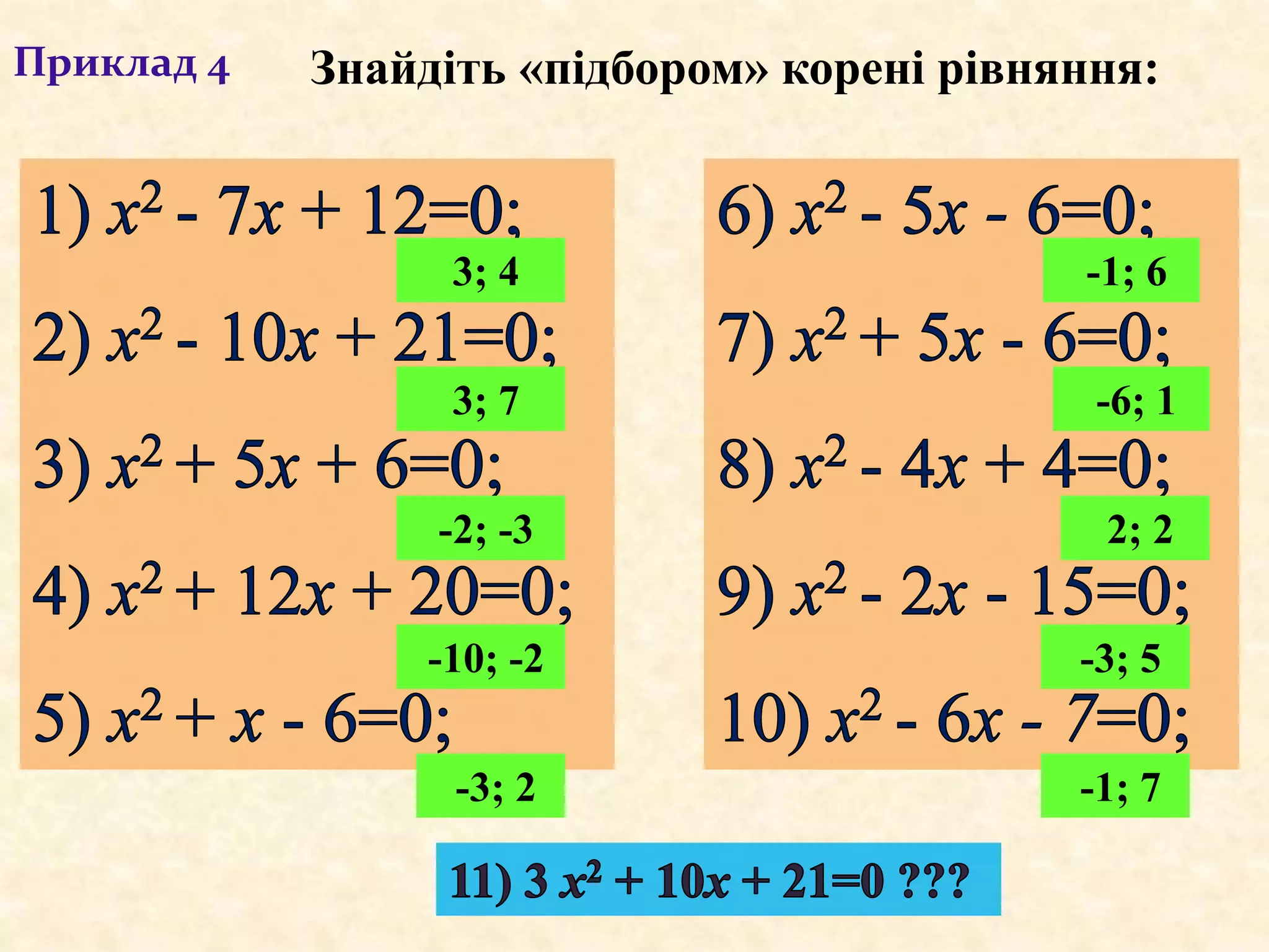 3; 4
3; 7
-2; -3
-10; -2
-3; 2
-1; 6
2; 2
-3; 5
-1; 7
Приклад 4
-6; 1
Знайдіть «підбором» корені рівняння:
 