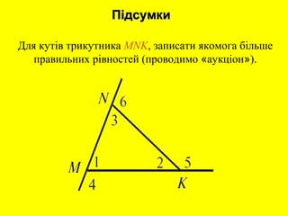 Для кутів трикутника MNK, записати якомога більше
правильних рівностей (проводимо «аукціон»).
ПідсумкиПідсумки
 
