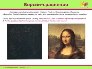 Версии-сравнения
Некоторые исследователи сравнивают «Гласные» Рембо с «Чёрным квадратом» Малевича и
«Джокондой» Леонардо да Винчи, намекая, что тайну этих произведений искусств никому не удастся разгадать.
Однако другие исследователи пришли к выводу, что «Гласные» – это выражение «философии творчества»
А. Рембо, программное стихотворение, написанное новым поэтическим языком.
© Эрштейн Марина Оттовна, 2015 21
 
