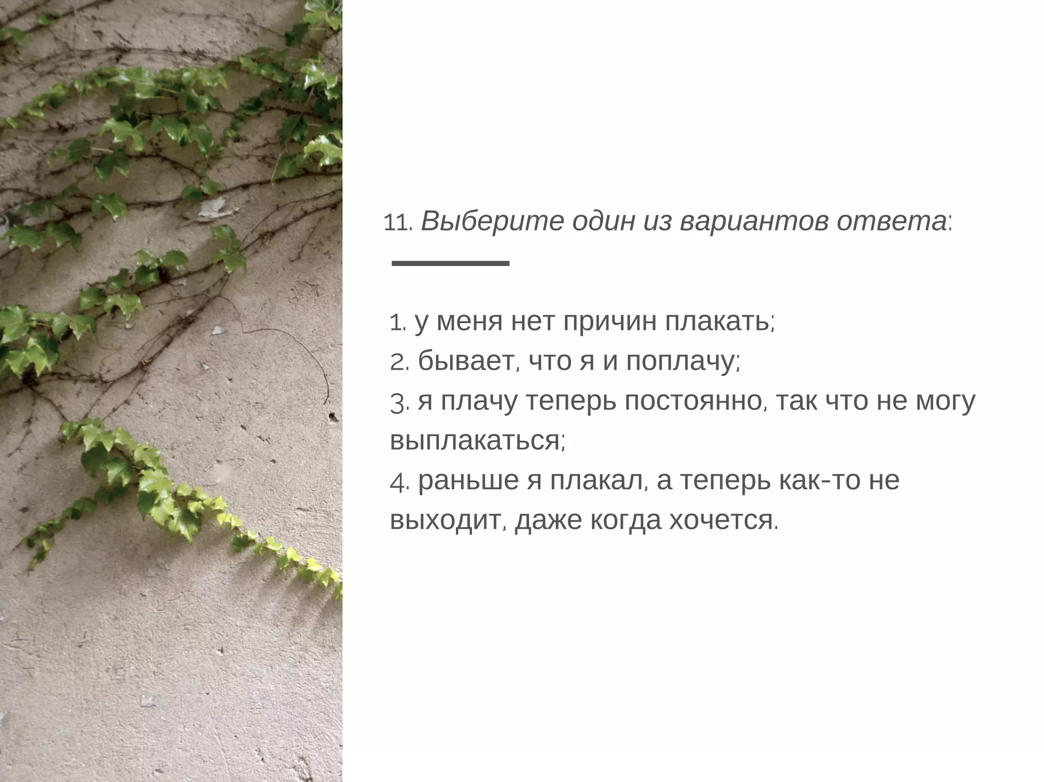 11. Выберите один из вариантов ответа:
1. у меня нет причин плакать;
2. бывает, что я и поплачу;
3. я плачу теперь постоянно, так что не могу
выплакаться;
4. раньше я плакал, а теперь как-то не
выходит, даже когда хочется.
 