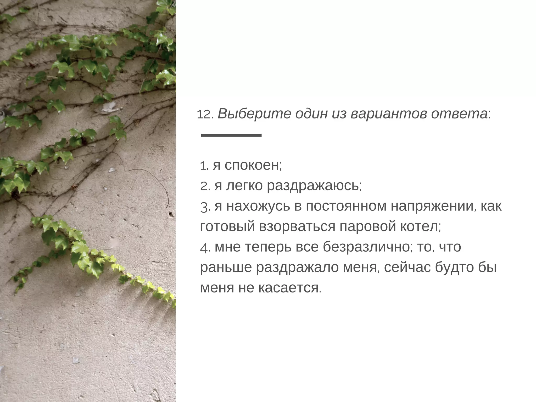 12. Выберите один из вариантов ответа:
1. я спокоен;
2. я легко раздражаюсь;
3. я нахожусь в постоянном напряжении, как
готовый взорваться паровой котел;
4. мне теперь все безразлично; то, что
раньше раздражало меня, сейчас будто бы
меня не касается.
 