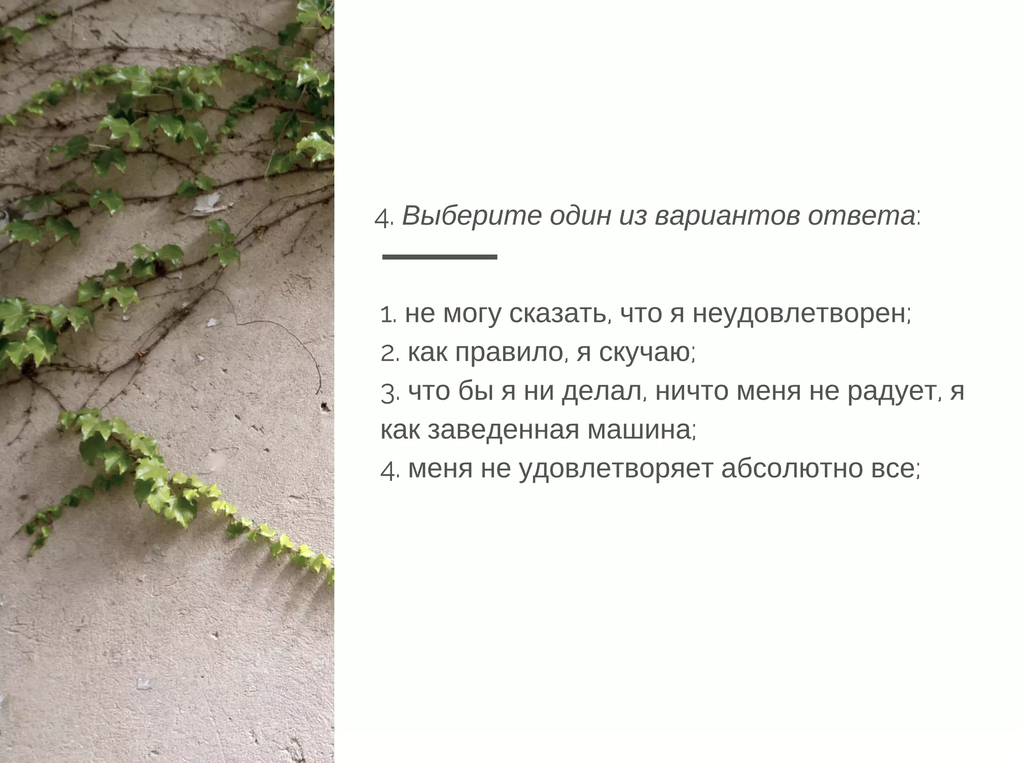 4. Выберите один из вариантов ответа:
1. не могу сказать, что я неудовлетворен;
2. как правило, я скучаю;
3. что бы я ни делал, ничто меня не радует, я
как заведенная машина;
4. меня не удовлетворяет абсолютно все;
 