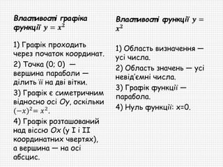 Власт ивост і графіка
функції 𝒚 = 𝒙 𝟐
1) Графік проходить
через початок координат.
2) Точка (0; 0) —
вершина параболи —
ділить її на дві вітки.
3) Графік є симетричним
відносно осі Oy, оскільки
(−𝑥)2
= 𝑥2
.
4) Графік розташований
над віссю Ox (у I і II
координатних чвертях),
а вершина — на осі
абсцис.
Власт ивост і функції 𝒚 =
𝒙 𝟐
1) Область визначення —
усі числа.
2) Область значень — усі
невід’ємні числа.
3) Графік функції —
парабола.
4) Нуль функції: x=0.
 