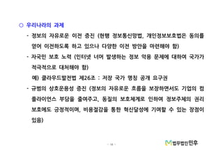 - 16 -
우리나라의 과제○
정보의 자유로운 이전 증진 현행 정보통신망법 개인정보보호법은 동의를- ( ,
얻어 이전하도록 하고 있으나 다양한 이전 방안을 마련해야 함)
자국민 보호 노력 인터넷 너머 발생하는 정보 악용 문제에 대하여 국가가- (
적극적으로 대처해야 함)
예 클라우드발전법 제 조 저장 국가 명칭 공개 요구권) 26 :
규범의 상호운용성 증진 정보의 자유로운 흐름을 보장하면서도 기업의 컴- (
플라이언스 부담을 줄여주고 동질의 보호체계로 인하여 정보주체의 권리,
보호에도 긍정적이며 비용절감을 통한 혁신달성에 기여할 수 있는 장점이,
있음)
 