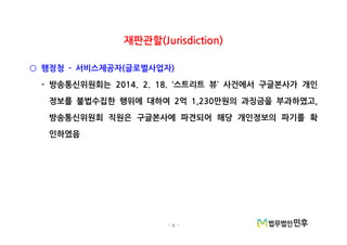 - 5 -
재판관할(Jurisdiction)
행정청 서비스제공자 글로벌사업자- ( )○
방송통신위원회는 스트리트 뷰 사건에서 구글본사가 개인- 2014. 2. 18. ‘ ’
정보를 불법수집한 행위에 대하여 억 만원의 과징금을 부과하였고2 1,230 ,
방송통신위원회 직원은 구글본사에 파견되어 해당 개인정보의 파기를 확
인하였음
 