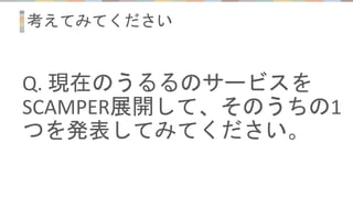 考えてみてください
Q. 現在のうるるのサービスを
SCAMPER展開して、そのうちの1
つを発表してみてください。
 