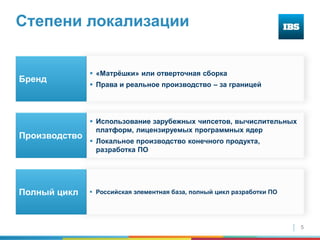 5
Степени локализации
 «Матрёшки» или отверточная сборка
 Права и реальное производство – за границей
 Использование зарубежных чипсетов, вычислительных
платформ, лицензируемых программных ядер
 Локальное производство конечного продукта,
разработка ПО
 Российская элементная база, полный цикл разработки ПО
Бренд
Полный цикл
Производство
 