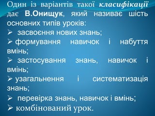 Один із варіантів такої класифікації
дає В.Онищук, який називає шість
основних типів уроків:
 засвоєння нових знань;
 формування навичок і набуття
вмінь;
 застосування знань, навичок і
вмінь;
 узагальнення і систематизація
знань;
 перевірка знань, навичок і вмінь;
 комбінований урок.
 
