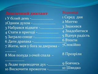 Лексичний диктант
1 У білий день -……………………
2Одним духом -…………………….
3 Набрався відваги -…………………….
4 Стати в пригоді -…………………..
5 Заграло сонце -………………………..
6 Дати драпака -………………………………
7 Жити, мов у бога за дверима -
…………
8 Мов полуда з очей спала -
…………………
9 Ледве переводячи дух -…………………
10 Вискочити прожогом -…………………
Відповіді
1 Серед дня
2 Миттю
3 Зважився
4 Знадобитися
5 Відчув радість
6 Втекти
7Спокійно
8 Прозріли
9 Боячись
10 Швидко
 