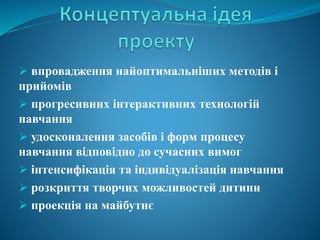 впровадження найоптимальніших методів і
прийомів
 прогресивних інтерактивних технологій
навчання
 удосконалення засобів і форм процесу
навчання відповідно до сучасних вимог
 інтенсифікація та індивідуалізація навчання
 розкриття творчих можливостей дитини
 проекція на майбутнє
 