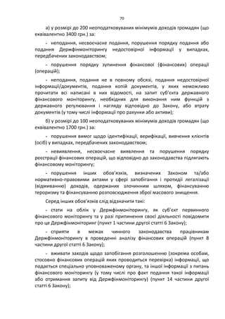 70
а) у розмірі до 200 неоподатковуваних мінімумів доходів громадян (що
еквівалентно 3400 грн.) за:
- неподання, несвоєчасне подання, порушення порядку подання або
подання Держфінмоніторингу недостовірної інформації у випадках,
передбачених законодавством;
- порушення порядку зупинення фінансової (фінансових) операції
(операцій);
- неподання, подання не в повному обсязі, подання недостовірної
інформації/документів, подання копій документів, у яких неможливо
прочитати всі написані в них відомості, на запит суб’єкта державного
фінансового моніторингу, необхідних для виконання ним функцій з
державного регулювання і нагляду відповідно до Закону, або втрату
документів (у тому числі інформації про рахунки або активи);
б) у розмірі до 100 неоподатковуваних мінімумів доходів громадян (що
еквівалентно 1700 грн.) за:
- порушення вимог щодо ідентифікації, верифікації, вивчення клієнтів
(осіб) у випадках, передбачених законодавством;
- невиявлення, несвоєчасне виявлення та порушення порядку
реєстрації фінансових операцій, що відповідно до законодавства підлягають
фінансовому моніторингу;
- порушення інших обов’язків, визначених Законом та/або
нормативно-правовими актами у сфері запобігання і протидії легалізації
(відмиванню) доходів, одержаних злочинним шляхом, фінансуванню
тероризму та фінансуванню розповсюдження зброї масового знищення.
Серед інших обов’язків слід відзначити такі:
- стати на облік у Держфінмоніторингу, як суб’єкт первинного
фінансового моніторингу та у разі припинення своєї діяльності повідомити
про це Держфінмоніторинг (пункт 1 частини другої статті 6 Закону);
- сприяти в межах чинного законодавства працівникам
Держфінмоніторингу в проведенні аналізу фінансових операцій (пункт 8
частини другої статті 6 Закону);
- вживати заходів щодо запобігання розголошенню (зокрема особам,
стосовно фінансових операцій яких проводиться перевірка) інформації, що
подається спеціально уповноваженому органу, та іншої інформації з питань
фінансового моніторингу (у тому числі про факт подання такої інформації
або отримання запиту від Держфінмоніторингу) (пункт 14 частини другої
статті 6 Закону);
 