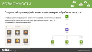 Drag-and-drop интерфейс и готовые сценарии обработки звонков
ВОЗМОЖНОСТИ
Готовые шаблоны сценариев обработки вызовов, экономят Ваше время.
Возможность использовать шаблоны для ознакомления с ВАТС и
создания собственных сценариев.
www.zebratelecom.ru
 