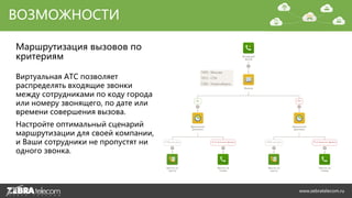ВОЗМОЖНОСТИ
Маршрутизация вызовов по
критериям
Виртуальная АТС позволяет
распределять входящие звонки
между сотрудниками по коду города
или номеру звонящего, по дате или
времени совершения вызова.
Настройте оптимальный сценарий
маршрутизации для своей компании,
и Ваши сотрудники не пропустят ни
одного звонка.
www.zebratelecom.ru
 