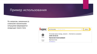 Пример использования
По запросам, связанным со
сложными жизненными
ситуациями формируется
колдунщик такого типа:
 