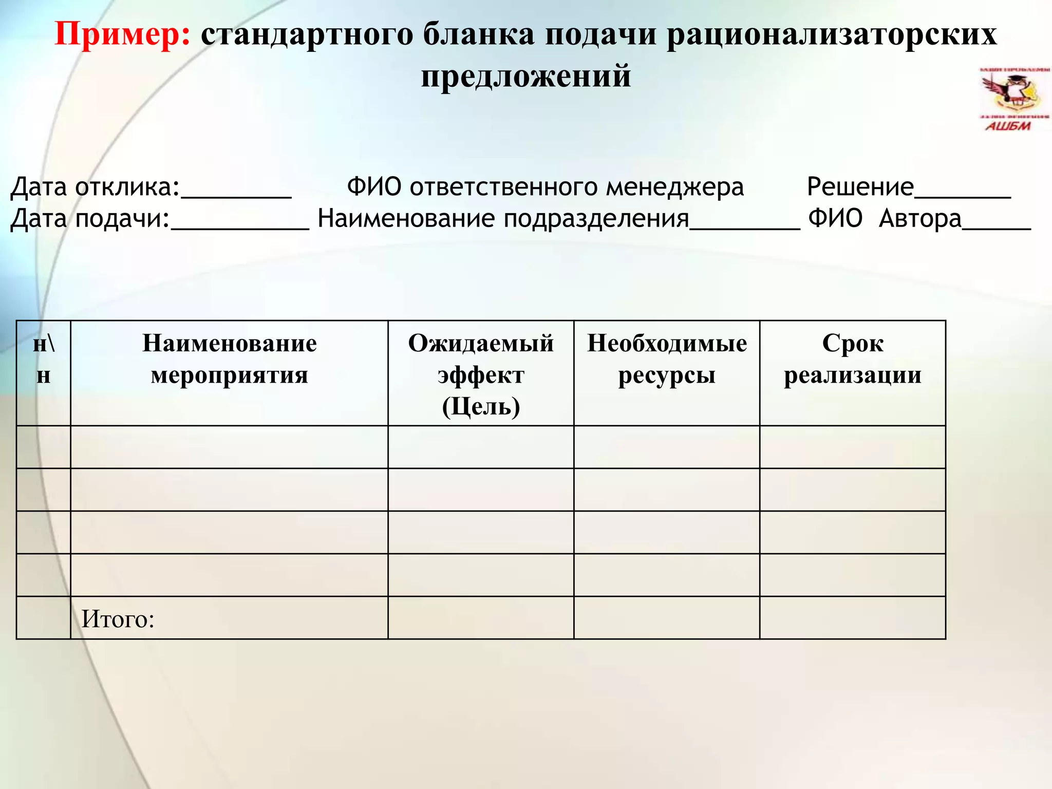 Пример: стандартного бланка подачи рационализаторских
предложений
н
н
Наименование
мероприятия
Ожидаемый
эффект
(Цель)
Необходимые
ресурсы
Срок
реализации
Итого:
Дата отклика:________ ФИО ответственного менеджера Решение_______
Дата подачи:__________ Наименование подразделения________ ФИО Автора_____
 