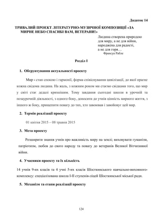 Додаток 14
ТРИВАЛИЙ ПРОЕКТ ЛІТЕРАТУРНО-МУЗИЧНОЇ КОМПОЗИЦІЇ «ЗА
МИРНЕ НЕБО СПАСИБІ ВАМ, ВЕТЕРАНИ!»
Людина створена природою
для миру, а не для війни,
народжена для радості,
а не для горя…
Франсуа Рабле
Розділ І
1. Обгрунтування актуальності проекту
Мир - стан спокою і гармонії, форма співіснування цивілізації, до якої прагне
кожна свідома людина. На жаль, з кожним роком ми стаємо свідками того, що мир
у світі стає дедалі крихкішим. Тому завдання сьогодні школи в урочній та
позаурочній діяльності, з одного боку, доносити до учнів цінність мирного життя, з
іншого ж боку, прищепити повагу до тих, хто завоював і завойовує цей мир.
2. Термін реалізації проекту
01 квітня 2015 – 08 травня 2015
3. Мета проекту
Розширити знання учнів про важливість миру на землі; виховувати гуманізм,
патріотизм, любов до свого народу та повагу до ветеранів Великої Вітчизняної
війни.
4. Учасники проекту та їх кількість
14 учнів 9-их класів та 4 учні 5-их класів Шосткинського навчально-виховного-
комплексу: спеціалізована школа І-ІІ ступенів-ліцей Шосткинської міської ради.
5. Механізм та етапи реалізації проекту
124
 