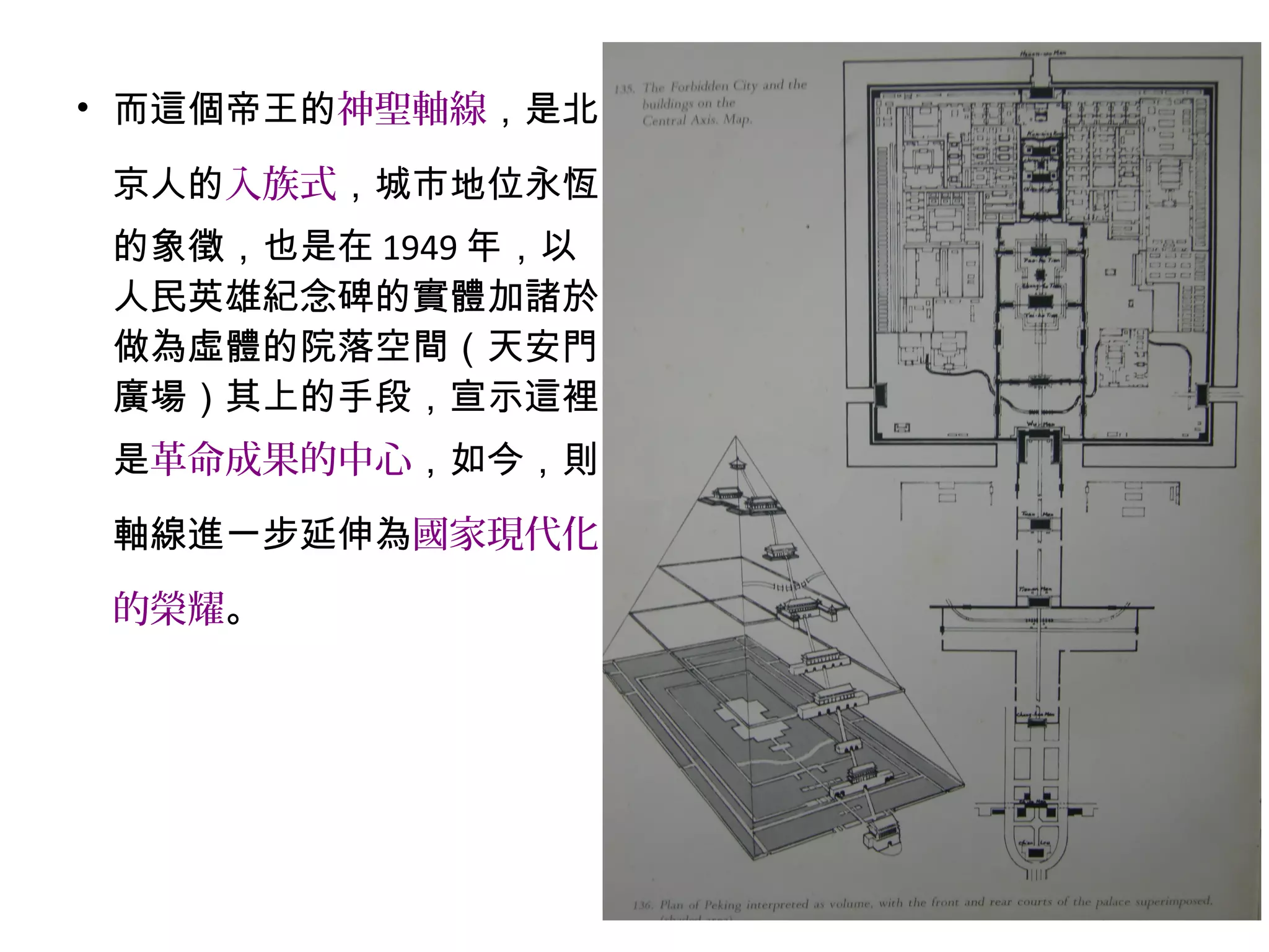 • 而這個帝王的神聖軸線，是北
京人的入族式，城市地位永恆
的象徵，也是在 1949 年，以
人民英雄紀念碑的實體加諸於
做為虛體的院落空間（天安門
廣場）其上的手段，宣示這裡
是革命成果的中心，如今，則
軸線進一步延伸為國家現代化
的榮耀。
 