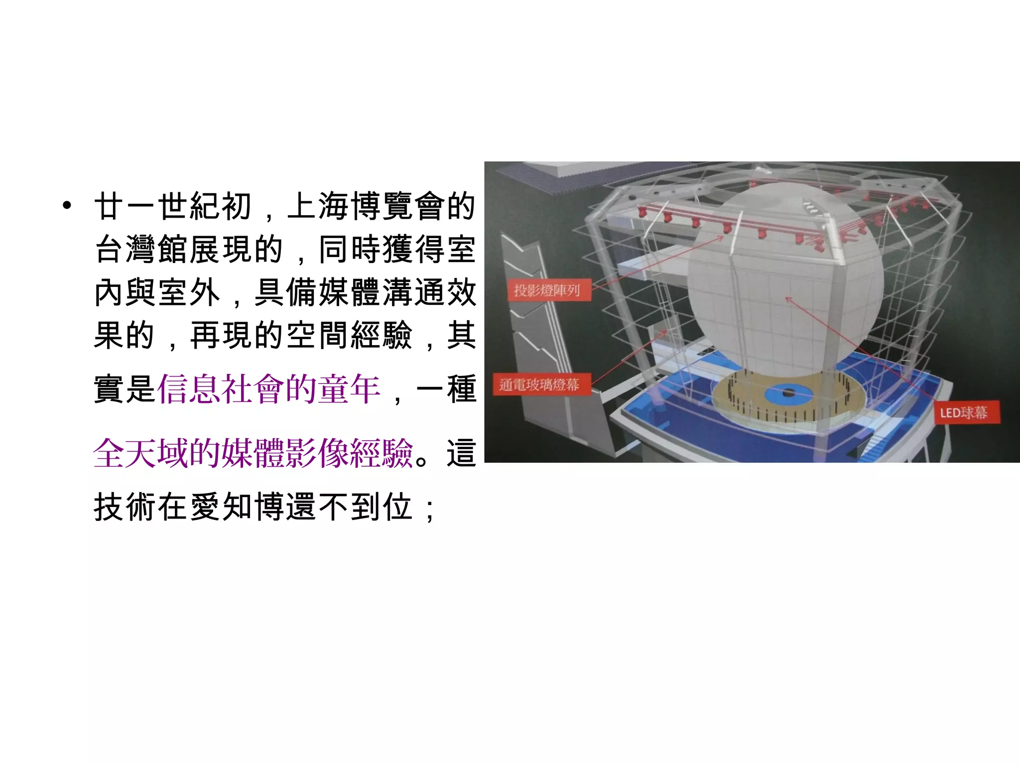• 廿一世紀初，上海博覽會的
台灣館展現的，同時獲得室
內與室外，具備媒體溝通效
果的，再現的空間經驗，其
實是信息社會的童年，一種
全天域的媒體影像經驗。這
技術在愛知博還不到位；
 