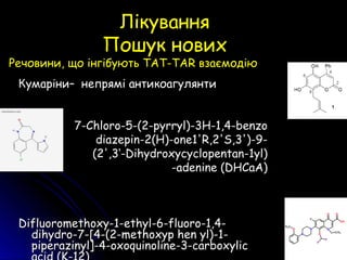 Кумаріни– непрямі антикоагулянти
7-Chloro-5-(2-pyrryl)-3H-1,4-benzo7-Chloro-5-(2-pyrryl)-3H-1,4-benzo
diazepin-2(H)-one1'R,2'S,3')-9-diazepin-2(H)-one1'R,2'S,3')-9-
(2',3‘-Dihydroxycyclopentan-1yl)(2',3‘-Dihydroxycyclopentan-1yl)
-adenine (DHCaA)-adenine (DHCaA)
Difluoromethoxy-1-ethyl-6-fluoro-1,4-Difluoromethoxy-1-ethyl-6-fluoro-1,4-
dihydro-7-[4-(2-methoxyp hen yl)-1-dihydro-7-[4-(2-methoxyp hen yl)-1-
piperazinyl]-4-oxoquinoline-3-carboxylicpiperazinyl]-4-oxoquinoline-3-carboxylic
Речовини, що інгібують ТАТ-ТАR взаємодію
ЛікуванняЛікування
Пошук новихПошук нових
 