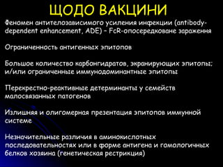 Феномен антителозависимого усиления инфекции (antibody-
dependent enhancement, ADE) – FcR-опосередковане зараження
Ограниченность антигенных эпитопов
Большое количество карбонгидратов, экранирующих эпитопы;
и/или ограниченные иммунодоминантные эпитопы
Перекрестно-реактивные детерминанты у семейств
малосвязанных патогенов
Излишняя и олигомерная презентация эпитопов иммунной
системе
Незначительные различия в аминокислотных
последовательностях или в форме антигена и гомологичных
белков хозяина (генетическая рестрикция)
ЩОДО ВАКЦИНИ
 