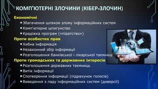 КОМП'ЮТЕРНІ ЗЛОЧИНИ (КІБЕР-ЗЛОЧИН)
Економічні
•Збагачення шляхом злому інформаційних систем
•Комп'ютерне шпигунство
•Крадіжка програм («піратство»)
Проти особистих прав
•Хибна інформація
•Незаконний збір інформації
•Розголошення банківської і лікарської таємниці
Проти громадських та державних інтересів
•Розголошення державних таємниць
•Витік інформації
•Спотворення інформації (підрахунок голосів)
•Виведення з ладу інформаційних систем (диверсії)
 