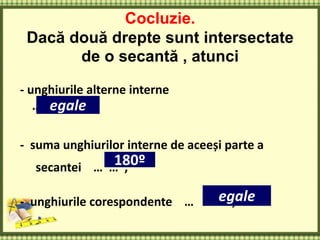 Cocluzie.
Dacă două drepte sunt intersectate
de o secantă , atunci
- unghiurile alterne interne
… … … ;
- suma unghiurilor interne de aceeși parte a
secantei … … ;
- unghiurile corespondente … ... … ;
egale
egale
180º
 