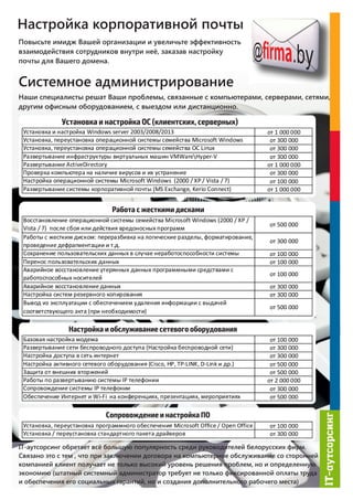 Установка и настройка Windows server 2003/2008/2013 от 1 000 000
Установка, переустановка операционной системы семейства Microsoft Windows от 300 000
Установка, переустановка операционной системы семейства ОС Linux от 300 000
Развертывание инфраструктуры виртуальных машин VMWareHyper-V от 300 000
Развертывание ActiveDirectory от 1 000 000
Проверка компьютера на наличие вирусов и их устранение от 300 000
Настройка операционной системы Microsoft Windows (2000 / XP / Vista / 7) от 100 000
Развертывание системы корпоративной почты (MS Exchange, Kerio Connect) от 1 000 000
Установка и настройка ОС (клиентских, серверных)
Восстановление операционной системы семейства Microsoft Windows (2000 / XP /
Vista / 7) после сбоя или действия вредоносных программ
от 500 000
Работы с жестким диском: переразбивка на логические разделы, форматирование,
проведение дефрагментации и т.д.
от 300 000
Сохранение пользовательских данных в случае неработоспособности системы от 100 000
Перенос пользовательских данных от 100 000
Аварийное восстановление утерянных данных программными средствами с
работоспособных носителей
от 100 000
Аварийное восстановление данных от 300 000
Настройка систем резервного копирования от 300 000
Вывод из эксплуатации с обеспечением удаления информации с выдачей
соответствующего акта (при необходимости)
от 500 000
Работа с жесткими дисками
Базовая настройка модема от 100 000
Развертывание сети беспроводного доступа (Настройка беспроводной сети) от 300 000
Настройка доступа в сеть интернет от 300 000
Настройка активного сетевого оборудования (Cisco, HP, TP-LINK, D-Link и др.) от 500 000
Защита от внешних вторжений от 500 000
Работы по развертыванию системы IP телефонии от 2 000 000
Сопровождение системы IP телефонии от 300 000
Обеспечение Интернет и Wi-Fi на конференциях, презентациях, мероприятиях от 500 000
Настройка и обслуживание сетевого оборудования
Установка, переустановка программного обеспечения Microsoft Office / Open Office от 100 000
Установка / переустановка стандартного пакета драйверов от 300 000
Сопровождение и настройка ПО
 