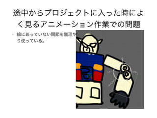途中からプロジェクトに入った時によ
く見るアニメーション作業での問題
• 絵にあっていない関節を無理や
り使っている。
 