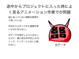 途中からプロジェクトに入った時によ
く見るアニメーション作業での問題
• 絵にあっていない関節を無理や
り使っている。
• 外注から上がってきた画像が使
いものにならない。
• 元データを修正しようとおもっ
たけど、縮小済みのPNGしかな
くって、ドッターじゃないと触
れない。 元データ
 