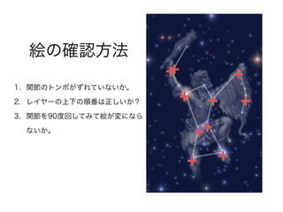 絵の確認方法
1. 関節のトンボがずれていないか。
2. レイヤーの上下の順番は正しいか？
3. 関節を90度回してみて絵が変になら
ないか。
 