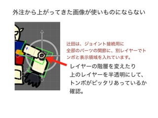 外注から上がってきた画像が使いものにならない
田は、ジョイント接続用に
全部のパーツの関節に、別レイヤーでト
ンボと表示領域を入れています。
レイヤーの階層を変えたり
上のレイヤーを半透明にして、
トンボがピッタリあっているか
確認。
 